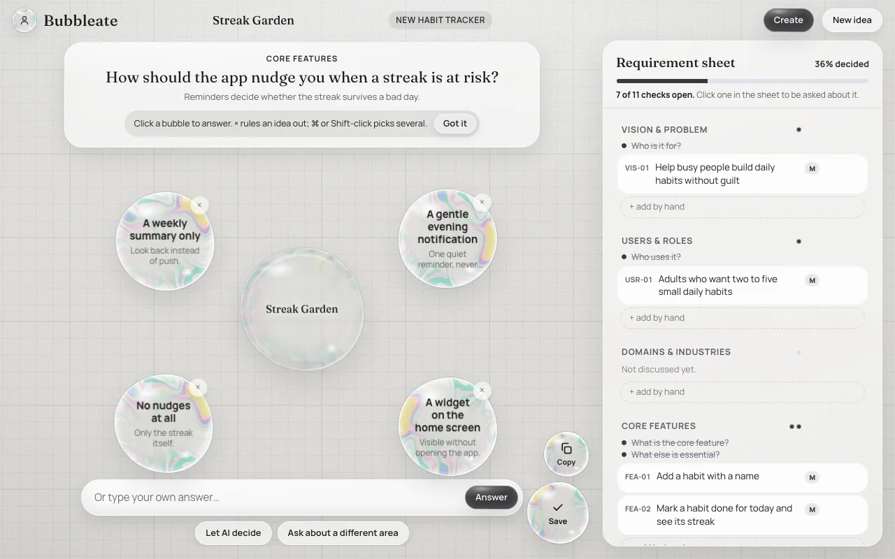Bubbleate canvas with the question 'How should the app nudge you when a streak is at risk?', four answer bubbles around the idea bubble and the requirement sheet on the right.