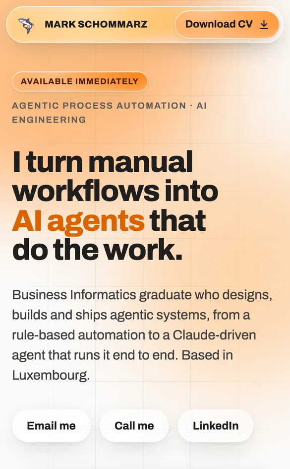 The same page at phone width: glass nav with the Download CV button, the headline and the contact pills.